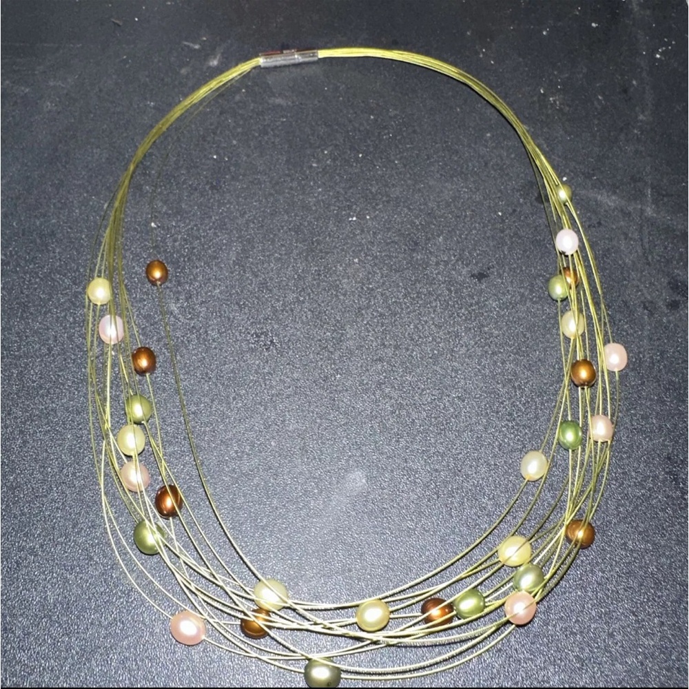 New Honora Floating Freshwater Pearl Multi Strand Green Wire Illusion Necklace